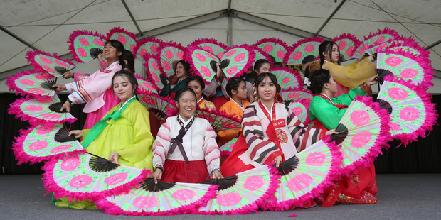 Korean Fan Dance from St Dominic's College at the ASB Polyfest. Photo / Ben Campbell