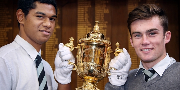 HOLY GRAIL: Collegiate first teamers Finau Nimatasau, left, and Reuben Kellow glove up for a date with the Rugby World Cup. PHOTO/STUART MUNRO
