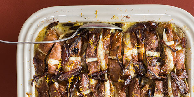 Try this delicious Easter treat: hot cross bun, butter and banana pudding. Photo / Bite magazine