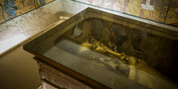 The sarcophagus of King Tutankhamun is displayed inside his small tomb in the Valley of the Kings. Photo / Getty Images