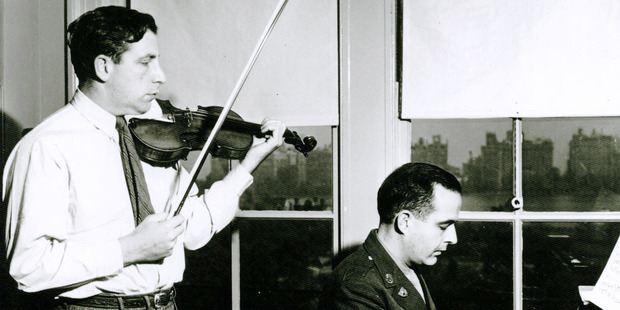 The Strad's owner, Roman Totenberg, performs with composer Samuel Barber. Photo / Totenberg family via NPR