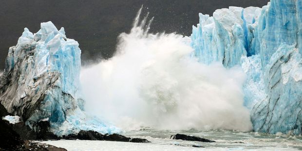 An ice bridge cracks from the wall of the Perito Moreno Glacier located at Los Glaciares National Park. Photo / Getty