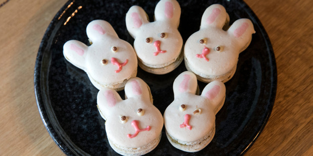 Pistachio and white chocolate bunny themed macarons at Miann. Photo / Jason Oxenham