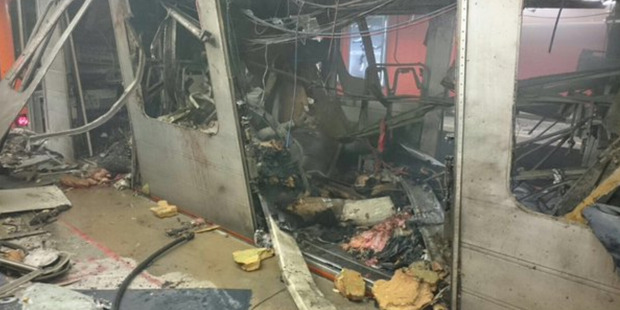A metro train damaged by an explosion on the Brussels Metro 22 March 2016. Photo: alxdm/Twitter