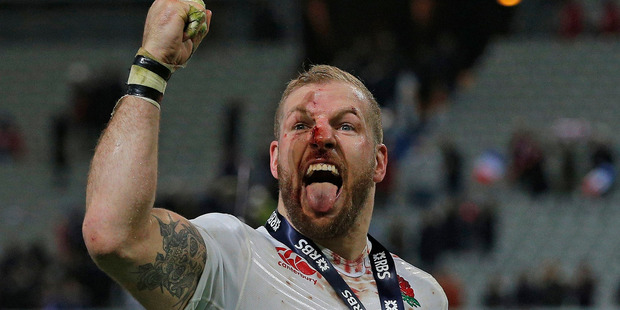 England's James Haskell celebrates after the Six Nations international rugby match between France and England at the Stade de France stadium. Photo / AP.