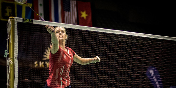 Vicki Copeland scores at the net in her match against Catelyn Rozario, in the final round of women's singles qualifying. Photo / Jonathon Stone