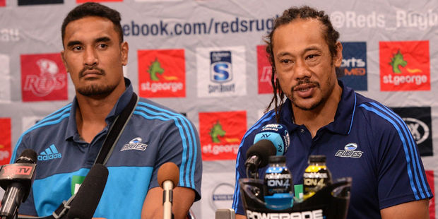 Blues coach and captain Tana Umaga and Jerome Kaino after their draw with the Reds. Photo / Getty