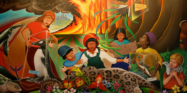 A section of Leo Tanguma's mural show children crying as a city burns in the background. Photo / Kari, Flickr