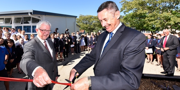 A Confucius classroom was opened at Tauranga Intermediate by the chairman of the Confucius Institute Tony Browne (left) and Tauranga mayor Stuart Crosby. Photo / George Novak