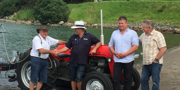 Boatie Peter Bell (left) congratulates Balex Marine co-founder Lex Bacon, along with Brock Terry of Trev Terry Marine and Greg Dutton, DMW Trailers. Photo/Supplied
