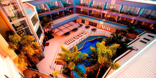 Looking down into the pool area of the Gisborne's Quality Emerald Hotel.