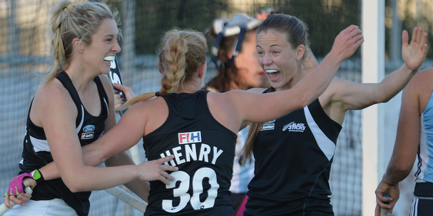 Rachel McCann, Kathryn Henry and Shiloh Gloyn celebrate scoring a goal. Photo / Getty Images