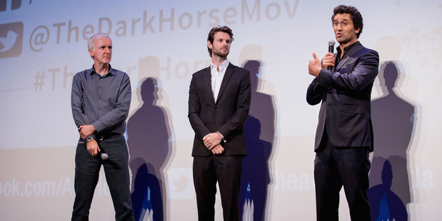 James Cameron, James Napier Robertson and Cliff Curtis on stage at The Dark Horse premiere in Los Angeles. Photo/Getty