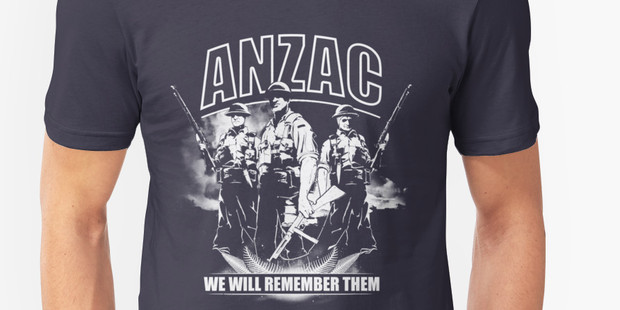 Australian/American company Redbubble is selling a charcoal T-shirt with "ANZAC", an image of three soldiers and "we will remember them" online for $29.37.