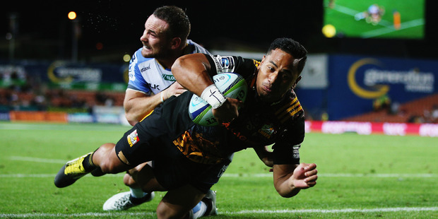 Toni Pulu dives to score against the Western Force at FMG Stadium in Hamilton. Photo / Getty Images