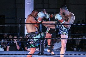 SHIN WIN: Masterton pro boxer and kickboxer Zane Hopman delivers a solid shin kick during a main event bout that ended in a draw in Porirua on Saturday night.