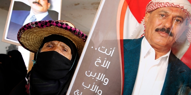 Supporters of Shia-allied former president Ali Abdullah Saleh mark the first anniversary of the Saudi-led incursion. Photo / AP