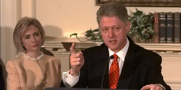 Bill Clinton in the White House Roosevelt Room with Hillary Clinton by his side. Photo / Getty Images
