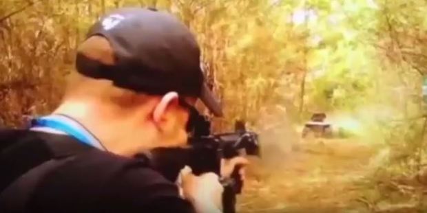 David Pressley shot at the lawn mower until it exploded. Photo / YouTube