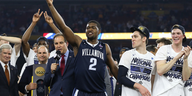 Kris Jenkins of the Villanova Wildcats celebrates after making the game-winning three pointer. Photo / Getty