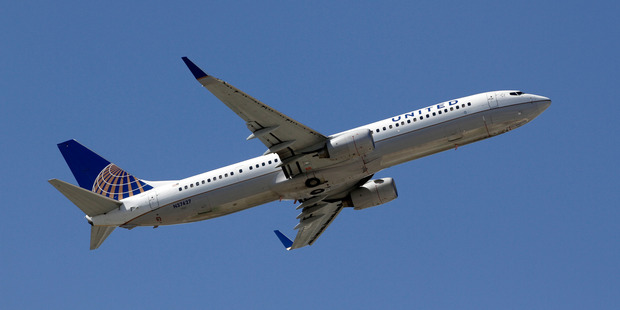 A United Airlines aircraft. A flight attendant took an unconventional route out. Photo / AP