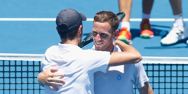 Michael Venus and Mate Pavic celebrate at the ASB Classic. Photo / Getty Images