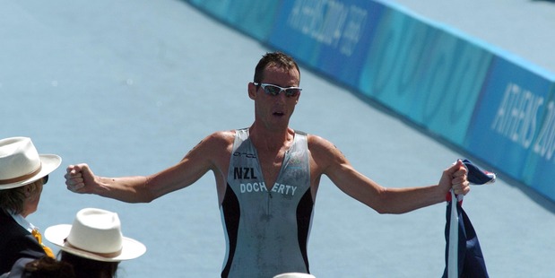 Bevan Docherty celebrates his silver medal crossing the finish line at the Athens Olympics. Photo / Getty Images