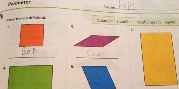 Asked to name the shapes, this student decided Sam was much easier to spell than parallelogram. Photo / Imgur