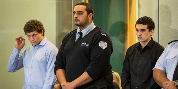 Leonard Nattrass-Berquist (left) and Beauen Wallace-Loretz stand in the dock at the High Court at Auckland at the start of their tria. Photo / Greg Bowker