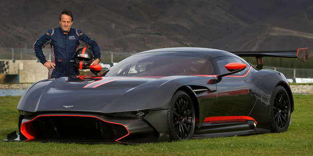 Tony Quinn with the limited edition track-only Aston Martin Vulcan at Highlands Motorsport Complex in Cromwell. Photo / Alan Gibson