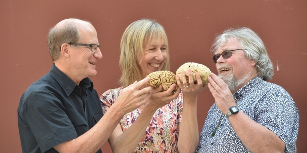 Professors Cliff Abraham (left) and Warren Tate with Dr Joanna Williams.