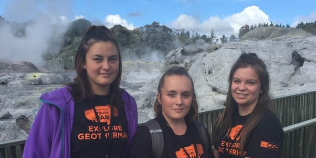 Edgecumbe College's Vanessa-Mae Servens, Paigan Broad-Lemberg and Amy Hitchcock check out the world-famous Pohutu Geyser at Te Puia.