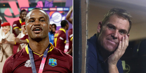 Marlon Samuels and Shane Warne. Photo / Getty and AP images