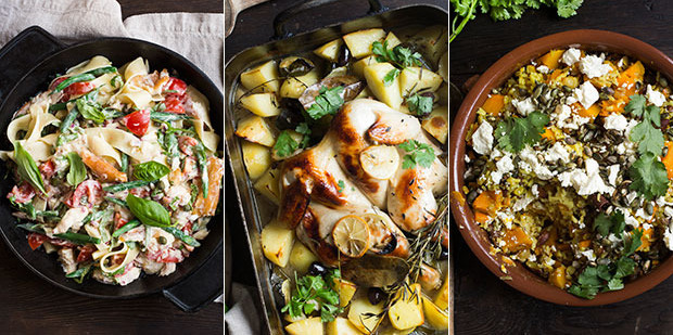 Fish, chicken and vegetarian one pot meals. Photos / Bite magazine
