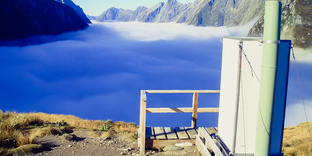 The toilet on top of the MacKinnon Pass on the Milford Track has a great view. Photo / Supplied