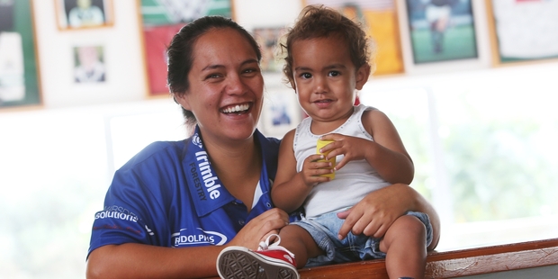 Kani Epiha and son Rehua Martin are all smiles about the opening of an early childhood playgroup at Takahiwai Rugby League Club rooms. Photo / Michael Cunningham
