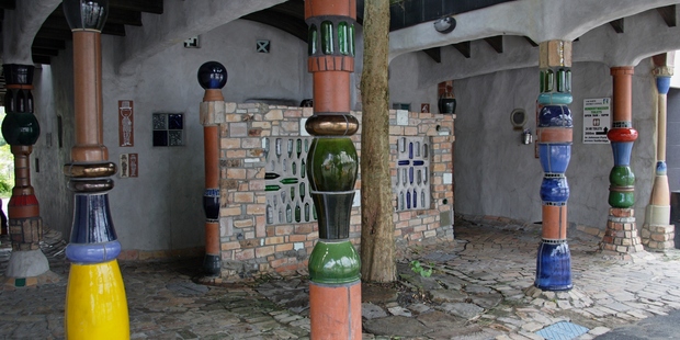 Kawakawa's endearingly idiosyncratic toilet block designed by Austrian artist Friedensreich Hundertwasser. Photo / Supplied