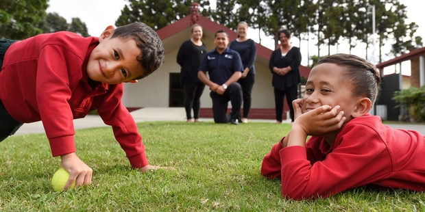 Kahuera Rahiri, 5, Tuara Rahiri, 6, Danielle Diamond, Charlie Rahiri, Aroha Tito, Joy Rahiri at Wairoa Marae. Photo / George Novak
