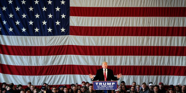 Republican presidential candidate Donald Trump speaks during a rally at JetSmart Aviation Services. AP photo / Mike Groll