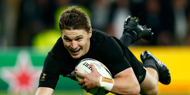Beauden Barrett of New Zealand dives over the line to score his team's third try during the 2015 Rugby World Cup Final. Photo / Getty Images.