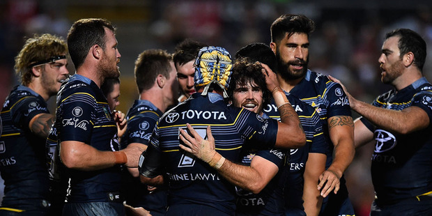 The Cowboys celebrate the try of Michael Morgan during the round seven NRL match between the North Queensland Cowboys and the South Sydney Rabbitohs. Photo / Getty Images.