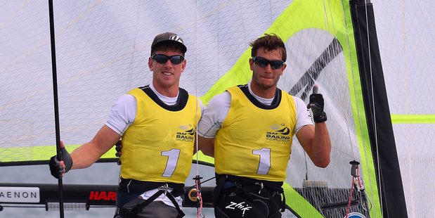 Peter Burling and Blair Tuke winning the Men's 49er race during the ISAF Sailing World Cup. Photo / Getty Images