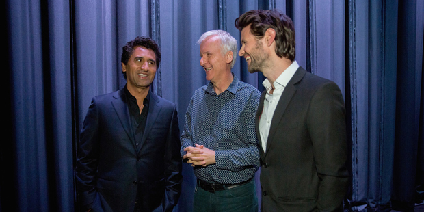 Cliff Curtis (L), James Cameron (C), James Napier Robertson (R), chat before the premier of The Dark Horse. Photo / Getty