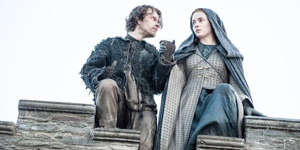Alfie Allen as Theon Greyjoy / Reek and Sophie Turner as Sansa Stark in the 5th Season of Game of Thrones. Photo / Supplied