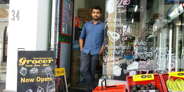 Manvir Singh, 21, manager pf Courthouse Lane Grocer, in Chancery Square central Auckland, says food stuff, snacks and liquor bottles are regularly stolen. Photo / Supplied