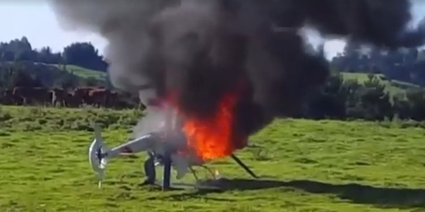 The chopper burns after the pilot escaped. PHOTO/SUPPLIED