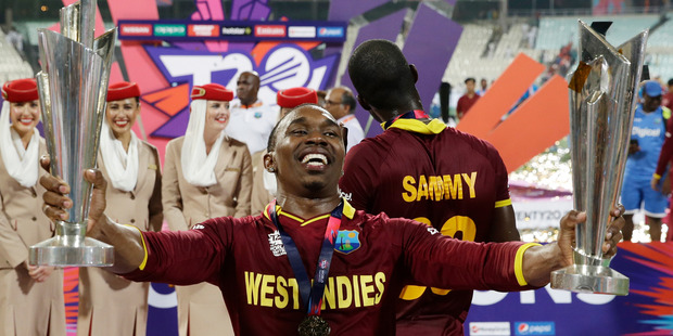 Dwayne Bravo celebrates after his team's win over England in the final of the ICC World Twenty20. Photo / AP