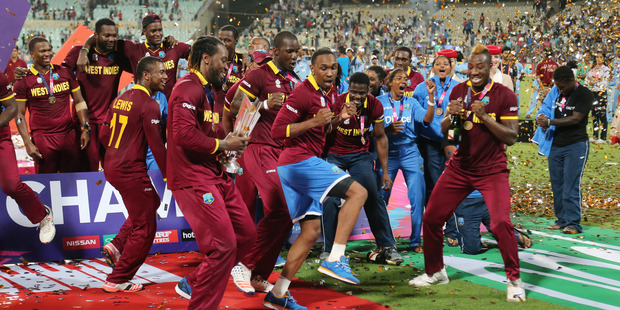 The West Indies men's and women's team celebrate after winning their finals matches of the ICC World Twenty20. Photo / AP