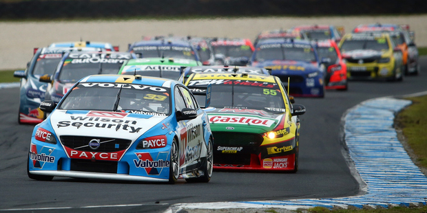 Scott McLaughlin’s Volvo leads the field at Phillip Island yesterday. Photo / Getty Images