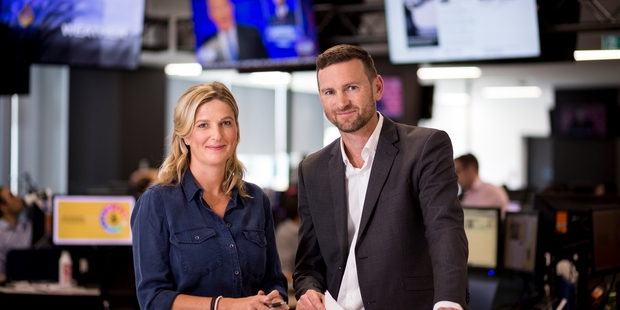 Focus executive producer Belinda Henley and presenter Tristram Clayton review plans for the launch of the new show in the NZME newsroom. Photo / Dean Purcell